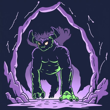 A Balrog emerging from the depths of a shadowy cave with glowing eyes