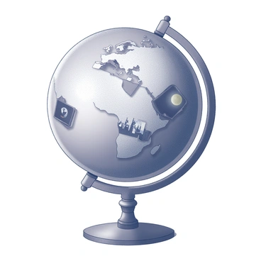 A globe resting on a pedestal. The continents of the globe are adorned with intricate representations of famous artworks. Each continent displays notable pieces, such as "The Starry Night" by Van Gogh and "Mona Lisa" by da Vinci, skillfully integrated into the landmasses. The oceans are clearly defined, and the globe is surrounded by a sense of elegance, suggesting a rich cultural exploration.