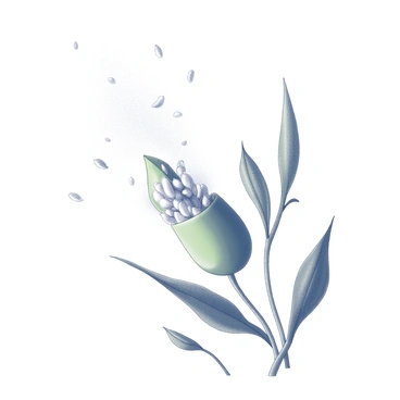 A hand-drawn depiction of an open milkweed seed pod. The pod is elongated and split open, revealing clusters of fluffy, white seeds. Each seed is buoyant and floating gently through the air, their fine, silky fibers catching the light as they disperse. The surrounding area features delicate, wispy lines representing a gentle breeze, enhancing the sense of movement. The background includes abstract outlines of green leaves and stems, suggesting the natural habitat of the milkweed plant.