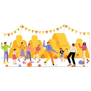 A vibrant community dance taking place at a harvest festival. Groups of people in colorful clothing are joyfully dancing together under strings of warm lights. Surrounding them are several large hay bales stacked in neat piles, interspersed with bright orange pumpkins of various sizes. The scene is filled with laughter and energy, as children run around, some playing with small decorative gourds. In the background, colorful banners flutter softly in the breeze, adding to the festive atmosphere.