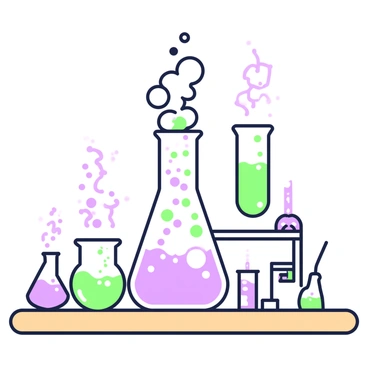 A laboratory scene showcasing a glass flask on a wooden table. Inside the flask, there is a visible chemical reaction taking place, with numerous bubbles rising and bursting at the surface. The reaction emits puffs of smoke that swirl around the neck of the flask, creating a dynamic visual effect. In the background, various chemical apparatus, such as beakers and test tubes, are arranged neatly, adding to the scientific atmosphere of the setting.