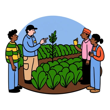 A man with light skin and short black hair is visiting a farm, wearing a blue button-up shirt and beige cargo pants. He is standing among lush green crops, pointing at a plant while discussing its growth with a group of local farmers. The farmers have varying skin tones and are dressed in casual work clothes, showing interest and engaging in conversation. In the background, there are rows of crops and a clear blue sky above, suggesting a sunny day.