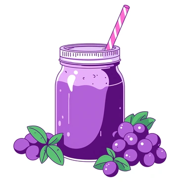 A purple frothy grape smoothie is filled to the brim in a clear mason jar. The jar features a metallic silver lid, and a pink and white striped straw is inserted into the smoothie. The surface of the smoothie has a creamy texture with bubbles, indicating its freshness. Surrounding the jar, there are scattered fresh green mint leaves and a few whole grapes, creating a vibrant and inviting display.