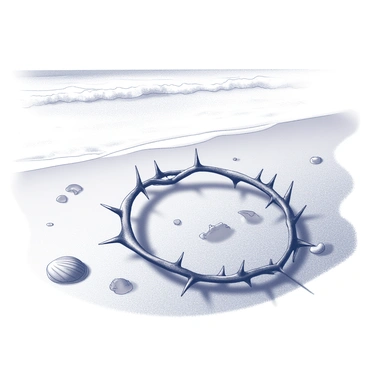 A "crown of thorns" is resting on the "sandy shore" of a beach. The crown is composed of intertwined thorny branches, with sharp points visible throughout the circular structure. Surrounding the crown is fine "sand," with grains glistening subtly in the light. In the background, gentle waves are softly lapping against the shore, creating a serene atmosphere. Scattered footprints can be seen in the sand, leading toward the water, and a few seashells are placed nearby, adding to the beach's natural details.