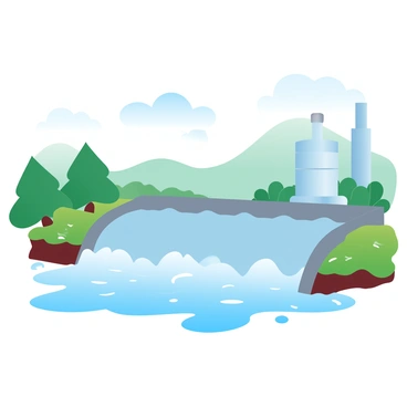 A large reservoir filled with rainwater is situated in a lush, green landscape. Water is flowing steadily from the reservoir into a hydropower plant, which features tall turbines and large pipes. Surrounding the reservoir are trees and grass that thrive in the abundant moisture. The scene captures the energy of the water as it feeds into the machinery of the plant, with gentle ripples visible on the surface of the reservoir. In the background, a distant hill adds depth to the natural setting.