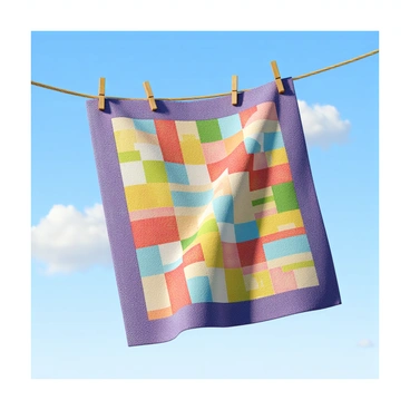 A fluffy quilt made of colorful patchwork squares, gently billowing in the wind. It is suspended on a wooden clothesline, with clothespins securing its corners. The background features a clear blue sky, with a few fluffy white clouds. The sunlight casts soft shadows on the quilt, highlighting its texture and vibrant colors. The scene captures the essence of a breezy day.