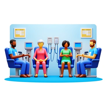 A diverse group of patients in a community health center using hemodialysis machines. The patients include a middle-aged Black man, an elderly Hispanic woman, a young Asian woman, and a Caucasian male in his forties. Each patient is seated comfortably in a clinic chair connected to their respective hemodialysis machines. The machines are equipped with various monitors displaying vital information. The room is well-lit, with medical posters on the walls and healthcare staff assisting the patients.