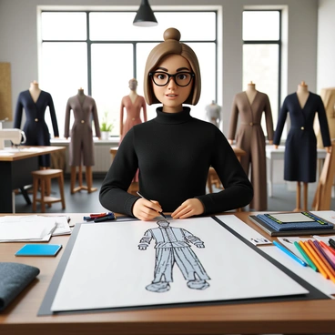 A fashion designer with light brown hair styled in a bun is seated at a large drafting table cluttered with fabric swatches, sketch pads, and colorful markers. She is wearing a black turtleneck and stylish glasses. Her focused expression conveys creativity as she sketches an intricate, award-winning MVP outfit that features flowing lines and unique patterns. Around her, the busy studio is filled with various mannequins dressed in different clothing designs, rolls of fabric, and sewing machines, highlighting the bustling atmosphere of fashion creation. Large windows allow natural light to fill the room, illuminating her workspace.