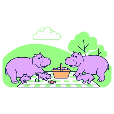 A hippopotamus family is gathered in a meadow for a picnic. The scene includes two adult hippopotamuses and two baby hippopotamuses. They are sitting on a large checkered blanket spread out on the grass. A picnic basket filled with various treats is placed in the center of the blanket. The adult hippopotamuses are smiling, and one of them is reaching for a sandwich. The baby hippopotamuses are playing nearby, one of them is holding a colorful fruit while looking at the adults. In the background, there's a gentle slope leading to a cluster of trees. The sky above is clear, providing a sense of a warm and pleasant day.