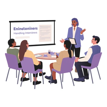 A digital flat illustration featuring a media trainer standing at the front of a room with a projector screen behind them. The trainer has medium skin, short black hair, and is wearing a blue blazer over a white shirt. They are gesturing with one hand while holding a digital tablet in the other. A diverse group of four participants sits in chairs facing the trainer. One participant has light skin and long brown hair, wearing a yellow blouse and black skirt. Another participant has dark skin and is wearing a green shirt and khaki pants. The third has medium skin with curly hair, dressed in a blue dress. The fourth participant has light skin and short black hair, wearing a white shirt with a blue tie. On a nearby table, there are notebooks, pens, and cups of coffee. The atmosphere is focused and engaged, with a "Handling Interviews" title visible on the projector screen.