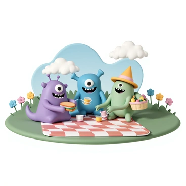 A group of three colorful monsters sitting on a checkered picnic blanket in the center of a vibrant green meadow. One monster is bright purple with big, round eyes and a toothy grin, holding a sandwich. Another monster is bright blue, with long arms and floppy ears, pouring juice into cups while laughing. The third monster is green and fluffy, wearing a sun hat, and is reaching for a basket filled with fruits. In the background, there are colorful flowers blooming and a clear blue sky with fluffy white clouds. The overall scene is lively and cheerful, capturing the fun atmosphere of the picnic.