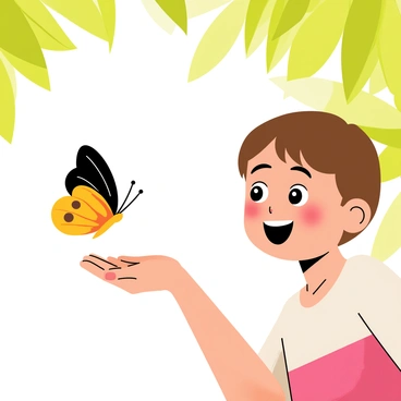 A butterfly landing on a child's open hand in a moment of quiet hope