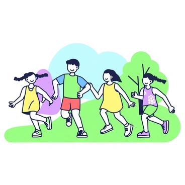A park scene featuring children engaging in a friendly race. A group of four children, two boys and two girls, are running energetically across a grassy field. One boy is wearing a blue T-shirt and shorts, while the other boy is in a green T-shirt and red shorts. One girl has braided pigtails and is dressed in a yellow dress, while the other girl wears a purple tank top with a floral pattern and green shorts. In the background, there are trees providing shade, and a clear blue sky is visible above. The children have joyful expressions, and their arms are outstretched as they run towards an invisible finish line.