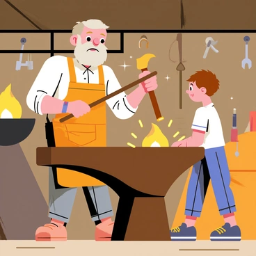 An elderly blacksmith with a bushy gray beard is standing beside a large, sturdy anvil. He is wearing a leather apron and holding a hammer, demonstrating a technique to a young apprentice who watches attentively. The apprentice, a young boy with short brown hair, is holding a piece of glowing metal, ready to learn. Bright sparks are flying from the anvil as the blacksmith strikes the metal. The workshop is filled with tools hanging on the walls and a warm glow from a nearby forge, creating a lively atmosphere.