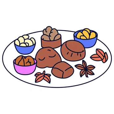 An arrangement of assorted chocolates in varying shapes and sizes. The chocolates are presented on a simple white plate. Scattered around the chocolates are small bowls filled with traditional Middle Eastern spices, including cardamom pods, cinnamon sticks, and star anise. Each spice bowl is distinct in color and shape, enhancing the visual appeal of the display. The chocolates glisten slightly, indicating a rich, creamy texture.