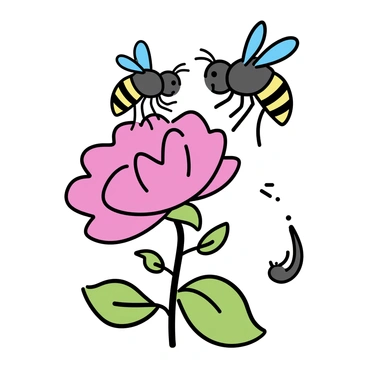 Two bees, with delicate wings glistening in the light, are positioned gracefully atop a bright red rose petal. One bee, slightly larger, is leaning on one leg in a tango pose, while the other bee is mirroring the stance, their antennae playfully intertwined. The vibrant green leaves of the rose plant provide a lush backdrop, contrasting with the vivid red of the petal. The scene captures the dynamic movement of the bees as they appear to be engaged in a lively dance.