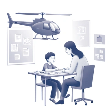 A parent is positioned slightly above a child sitting at a desk, focused on completing homework. The parent has a large helicopter rotor attached to their back, spinning gently as they observe the child. The child is looking up at the parent with an expression of concentration, surrounded by scattered notebooks and pencils on the desk. The room is filled with educational posters on the walls, creating an environment of learning and supervision.