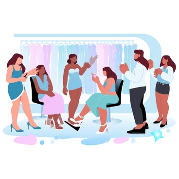 A group of models is standing in a backstage area of a fashion show, each preparing for their runway debut. One model has her hair styled in elegant updos, while another is having her makeup applied with precision by a makeup artist. Several stylists are adjusting the outfits, ensuring that each garment fits perfectly. The atmosphere is busy, with clothing racks filled with vibrant outfits in the background. The floor is scattered with beauty products and styling tools, emphasizing the chaotic energy of the preparations.