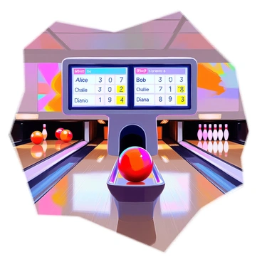 An automated scoreboard in a bowling alley displaying the current scores and player names. The scoreboard is centrally positioned and illuminated, making the digital numbers and letters stand out against the darker interior of the bowling alley. The screen shows scores for four players: "Alice," "Bob," "Charlie," and "Diana," each with their corresponding scores next to their names. The background features bowling lanes with vivid bowling balls and pins, adding to the lively atmosphere of the alley.