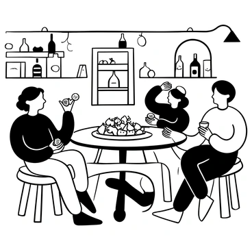 A group of three friends sitting around a wooden table in a cozy wine cellar, surrounded by shelves filled with various bottles of wine. They are holding figs, examining them with curiosity. A large wooden platter in the center of the table holds an assortment of fresh figs and small cheese wedges. The ambiance is warm, with low light fixtures casting shadows on the stone walls. One friend is pouring a glass of wine while another is gesturing excitedly towards the figs.