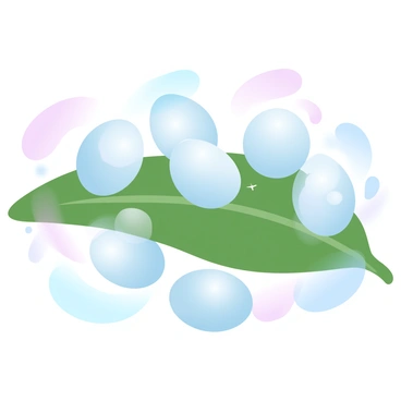 An illustration shows multiple tiny eggs on a leaf, with several Drosophila larvae emerging from the eggs. The larvae are small, elongated, and exhibit a pale, translucent body. Some of the larvae are still partially inside the eggs, while others are fully outside, wriggling on the surface of the leaf. The background features a soft gradient of pastel colors, creating a gentle ambiance around the scene.