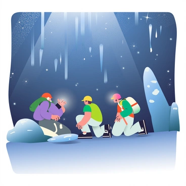A group of four explorers is navigating through a dimly lit underground cave. The explorers are equipped with helmets and headlamps that cast a warm glow on the rocky surfaces. The cave features numerous stalactites hanging from the ceiling, resembling icicles, and stalagmites rising from the ground like natural sculptures. The explorers are positioned in a line, with one person kneeling down to examine a particularly large stalagmite. The walls of the cave are rugged and uneven, adorned with minerals that shimmer faintly in the light.