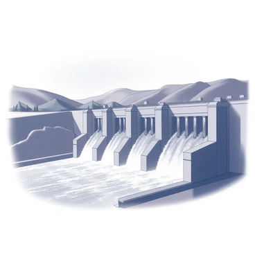 A large hydroelectric dam structure made of concrete and steel, positioned across a wide river. The dam has multiple large turbines visible at its base, with water rushing through them, creating a powerful flow. The water cascades down in a dramatic fashion, with splashes and sprays visible. Above the dam, the landscape features rolling hills and a clear sky. The structure is robust, with its industrial design highlighted by the sheer size and functionality of the turbines.