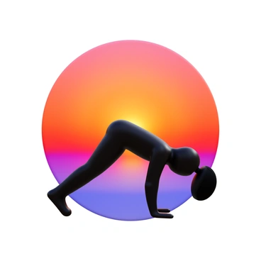 A silhouette of a person performing a burpee. The background features a colorful sunset sky with vibrant shades of orange, pink, and purple blending together. The person's posture is dynamic, with arms extended and legs bent, capturing the motion of the exercise. The fading light of the sun creates a gradient effect in the sky, providing a striking contrast to the dark silhouette.