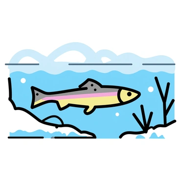 A brook trout with distinct colors and spots is swimming gracefully beneath a thin layer of ice. The trout's iridescent scales shimmer in the clear water, while the ice above creates a delicate, textured surface. The stream is surrounded by snow-covered banks, with patches of white snow contrasting against the dark water. Branches and twigs partially submerged in the water add to the natural environment of the scene.