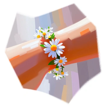 A close-up of a bohemian style bracelet made of delicate daisies strung together, adorning a slender wrist. The bracelet features small white daisies with bright yellow centers, intertwined with tiny green leaves. The skin of the wrist is lightly tanned, highlighting the natural beauty of the bracelet. Sunlight softly illuminates the flowers, casting gentle shadows and enhancing their vibrant colors. The background is softly blurred, keeping the focus on the intricate details of the bracelet.