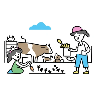 Two children, a boy wearing a red cap and a girl in a green dress, are standing in a sunny farmyard. The boy is holding a bucket filled with corn, looking excited as he prepares to feed a brown and white cow. The girl, kneeling beside a patch of carrots, is pulling out a fresh orange carrot from the ground, smiling brightly. In the background, there are several farm animals, including chickens pecking at the ground and a sheep grazing on the grass. A wooden fence encloses the area, and the sky above is clear and blue.