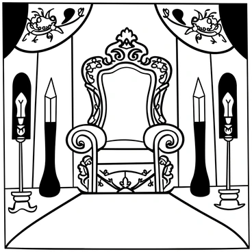 A large, ornate throne featuring intricate carvings of mythical creatures and floral patterns, set against a backdrop of regal drapes. The throne is upholstered with luxurious fabrics that showcase elaborate textures and patterns. Surrounding the throne are tall candle holders with lit candles, casting flickering shadows. Richly decorated walls adorned with tapestries depict scenes of nobility and grandeur, while a plush carpet leads up to the throne, enhancing the royal atmosphere.