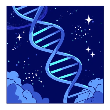 A blue DNA strand is floating gracefully through a dark cosmic space scene filled with bright white stars and swirling galaxies in the background. The DNA strand is illuminated, showcasing its intricate structure and the helical twists of its form. Surrounding the strand, glowing star clusters and colorful nebulas provide a vibrant contrast against the deep space backdrop.