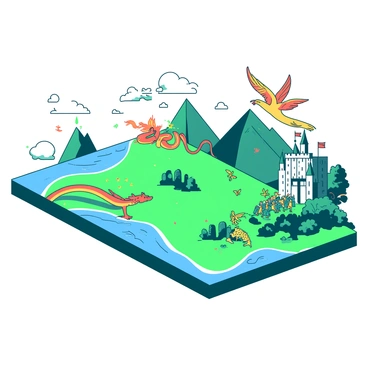 A flat Earth is depicted at the center of the image, with a vibrant green landscape spread across its surface. Around the edges of the Earth, various mythological stories are illustrated. On one side, a blue ocean features a gigantic yellow serpent rising from the waves, representing a legendary sea creature. Opposite this, a bright orange phoenix is shown soaring into the teal sky, surrounded by flames. 

On another edge, a majestic white castle sits atop a mountain, with colorful banners fluttering in the wind, symbolizing tales of royalty and adventure. Below the castle, a group of teal warriors in traditional armor is depicted battling a dragon with fiery orange scales. Further along, a mystical forest in shades of green is filled with yellow fairies, their wings sparkling as they flit between the trees, embodying the enchantment of folklore. Each story is distinct, yet seamlessly blends into the overall design of the flat Earth setting.