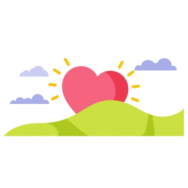 A red heart shape is rising above a gentle horizon. The heart is positioned in the center, with rays of orange and yellow light emanating from it, mimicking the sun. Below the heart, a calm landscape features rolling hills in shades of green. The sky transitions from soft purple to light blue, representing the early morning dawn. Small fluffy clouds are scattered in the sky, adding texture to the scene.