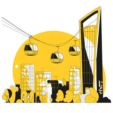 Cable cars smoothly moving between futuristic buildings