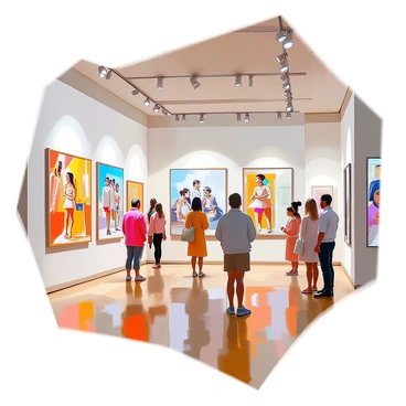 A spacious gallery featuring walls painted in a soft color, adorned with an array of retro-style illustrations and vintage posters. The illustrations depict vibrant scenes of everyday life from past decades, showcasing fashion, music, and leisure activities. Various vintage posters, framed elegantly, highlight classic movies, travel destinations, and advertisements from the mid-20th century. The floor is polished wood, reflecting the light from decorative lamps hanging from the ceiling, creating a warm and inviting atmosphere. Visitors can be seen admiring the artwork, standing in small groups or individually as they explore the space.