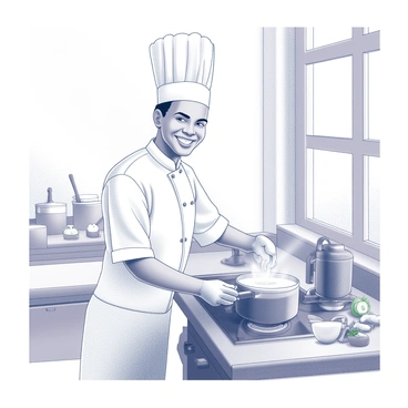 A chef is standing in a kitchen, smiling as they stir a pot on the stove. The chef is wearing a white chef's coat and a tall chef's hat. The kitchen features modern appliances and utensils neatly arranged on the countertops. Sunlight streams through a window, illuminating the space. There are ingredients laid out on the counter, such as chopped vegetables and herbs. The pot on the stove is bubbling with a mixture, giving a sense of activity and warmth in the kitchen.