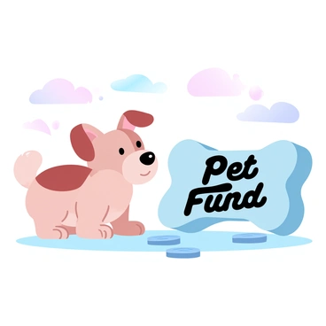 A small dog with fluffy fur is sitting next to a bone-shaped piggy bank labeled "Pet Fund." The dog has its ears perked up and is looking curiously at the piggy bank. The piggy bank is placed on a light-colored surface, and a few scattered coins are nearby. In the background, there are colorful toys that add a playful atmosphere to the scene.
