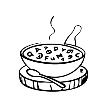 A bowl of alphabet soup with letters "A," "B," "C," "D," and others floating on the surface. The bowl is placed on a wooden table, and a spoon rests next to it. Steam rises gently from the soup, creating a sense of warmth. There are a few scattered letters on the table around the bowl.