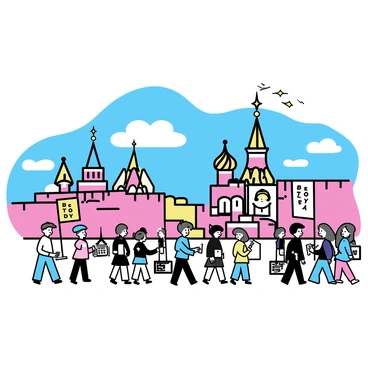 A view of Red Square filled with people celebrating Victory Day. Brightly colored flags in red, blue, and yellow are waving in the air. A large group of people is marching, some wearing traditional military uniforms, while others are in casual attire. Banners with "Victory Day" written on them are displayed prominently. The iconic Saint Basil's Cathedral can be seen in the background, with its colorful onion domes contrasting against the blue sky.