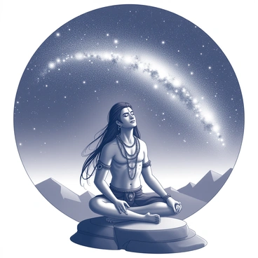A figure of Shiva is depicted in a meditative pose, seated on a rock. He has long, flowing hair adorned with strands of beads. His expression is calm and focused as he gazes upward. The night sky is filled with countless stars, and the Milky Way is prominently arched above, filled with clusters of stars and cosmic patterns. The surrounding landscape is tranquil, with silhouettes of distant mountains under the starlit sky. A sense of connection to the universe is evident in Shiva's posture and gaze.