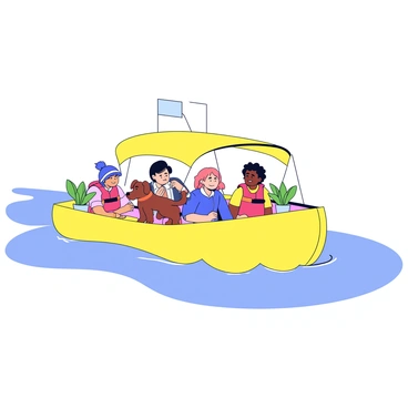 A water taxi carrying passengers with their pets, including a dog wearing a life vest