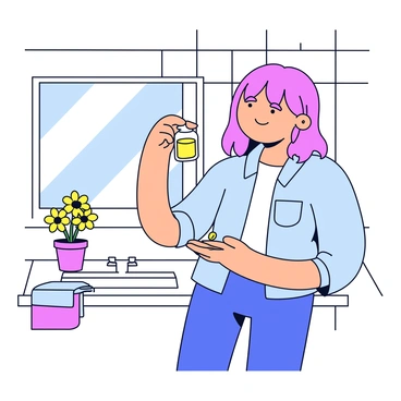 A person is standing in a bright bathroom. They have medium-length hair and are holding a small glass bottle filled with "calendula-infused hair oil." The bathroom features white tiles and a mirror reflecting natural light. A potted "calendula flower" is placed on the counter next to a small towel. The person is pouring a few drops of oil into their palm, preparing to apply it to their hair.