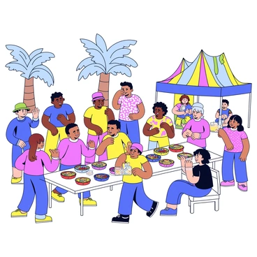 A community gathering at a delta festival with colorful tents and banners. Groups of people are engaging in conversations while enjoying local food displayed on tables. There are traditional dishes served in vibrant bowls with various textures and colors. Some attendees are participating in cultural performances, showcasing traditional dances in bright costumes. In the background, tall trees provide shade, and the atmosphere is filled with joy and excitement.