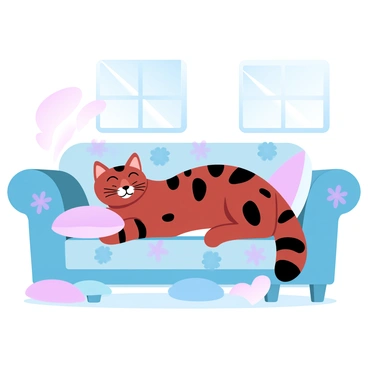 A Bengal cat with a sleek coat featuring distinctive dark rosettes is lounging lazily on a colorful patterned couch. The couch is adorned with vibrant geometric shapes and floral designs in various shades. Sunlight streams through a nearby window, casting soft shadows on the couch and illuminating the cat's fur. A few plush cushions in complementary colors are scattered around the cat, adding to the cozy scene.