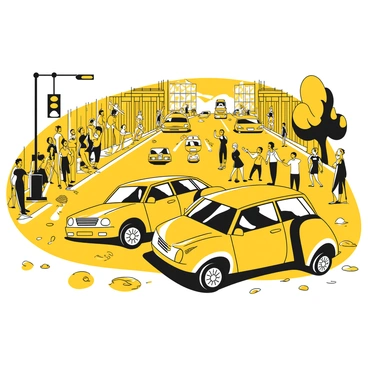 A busy street filled with people and cars in motion. In the foreground, a car has collided with another vehicle, with twisted metal and shattered glass visible. The ground is scattered with debris from the two vehicles. A crowd of onlookers has gathered, some with expressions of shock and concern. A nearby traffic light is red, and a city bus is stopped at the curb. In the background, buildings line the street, and a few pedestrians are seen nervously stepping back from the scene. Emergency services vehicles, such as an ambulance and police car, are approaching with flashing lights.