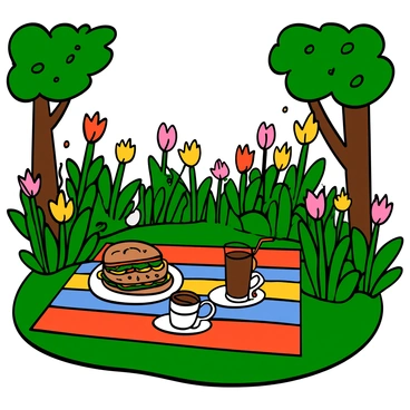 A lush garden setting filled with vibrant blooming flowers and green plants. In the center, there is a colorful picnic blanket spread out on the grass. On the blanket, there is a fresh banh mi sandwich placed on a small white plate, alongside a cup of iced tea in a glass. The sunlight filters through the leaves of surrounding trees, creating a warm and inviting atmosphere. A light breeze gently rustles the fabric of the blanket, adding a sense of tranquility to the scene.