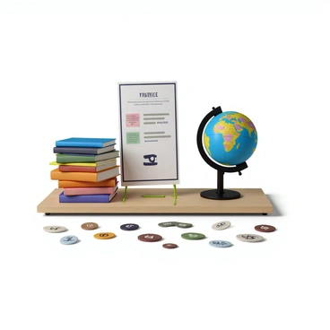 An educational voucher displayed prominently on a table. Surrounding the voucher are several colorful books stacked neatly, showcasing various titles and authors. A globe sits beside the books, featuring vivid colors and detailed continents. Scattered around the globe are various language symbols, such as characters from different alphabets, representing diverse languages. The composition conveys a strong theme of education and global knowledge.