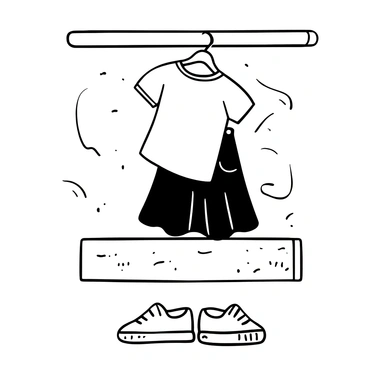 A denim skirt is hanging on a wooden hanger, with its fabric gently draping down. A simple white t-shirt is neatly placed beside it, showcasing its plain design. The background features a textured wall, adding depth to the scene. There are a pair of white sneakers positioned at the base, completing the casual outfit ensemble.